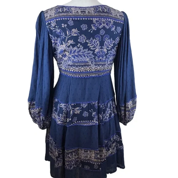 Free People My Love Mini Dress Sz Small S Indigo Blue Pom Pom Paisley Boho Chic - Picture 3 of 15